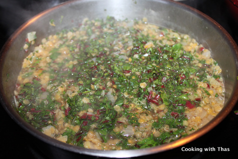 cooking swiss chard-lentil soup