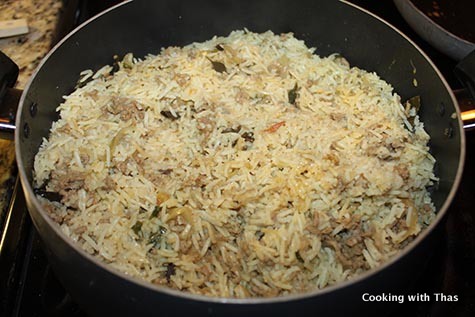 ground beef and basmati rice cooking