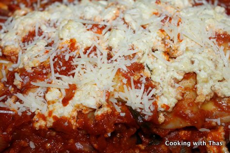 Lasagna after baking, sprinkled with grated parmesan cheese