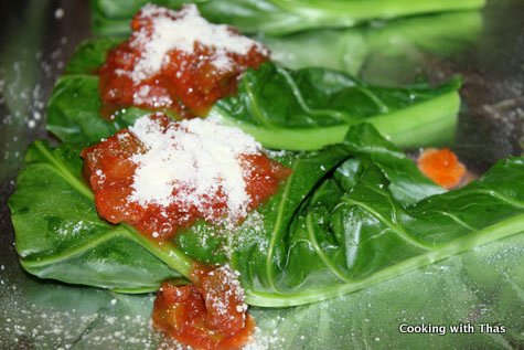 Baking chicken stuffed collard green