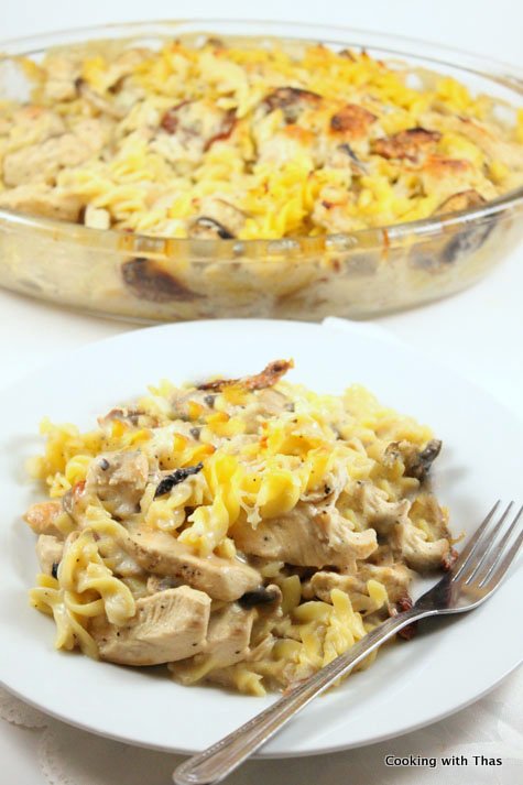baked pasta and chicken in white sauce