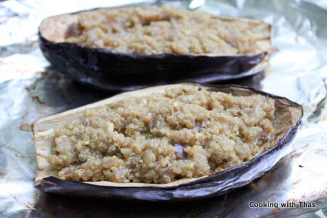 cooked quinoa on eggplant