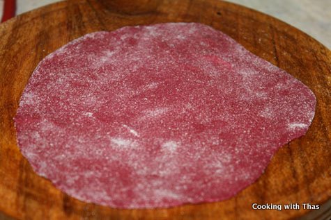 rolled beetroot roti dough