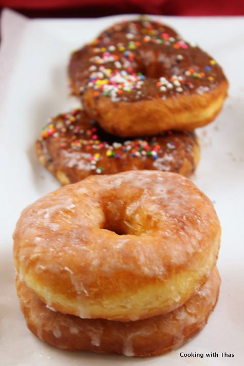 Glazed and chocolate topped donuts