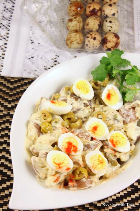 potato salad topped with quail eggs