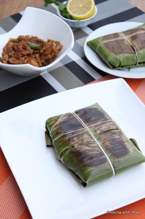 shrimp coconut rice wrapped in plantain leaf