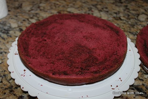 red velvet cake cut into halves