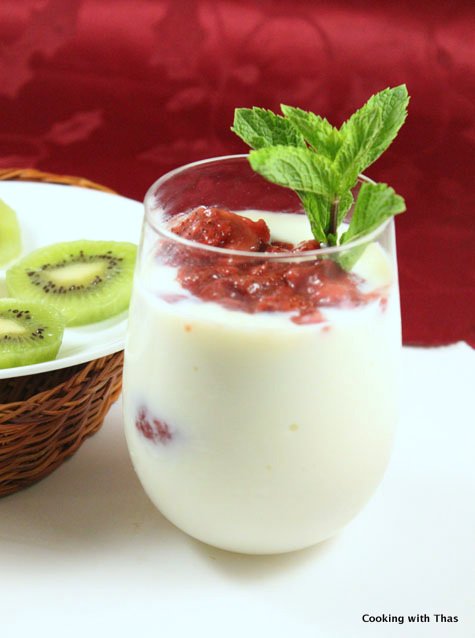 milk pudding with strawberry coulis