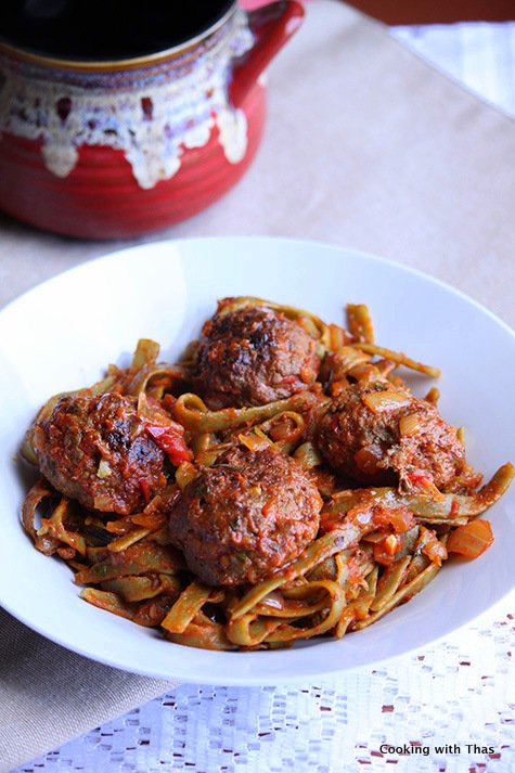Baked beef balls and Spaghetti